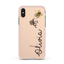 Bee In Flight Personalised Name IPhone Case -Wrap & Case Store Bee in Flight Personalised Name Apple iPhone Xs Impact Case Pink Edge on Gold Phone