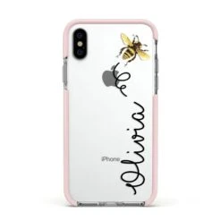 Bee In Flight Personalised Name IPhone Case -Wrap & Case Store Bee in Flight Personalised Name Apple iPhone Xs Impact Case Pink Edge on Silver Phone