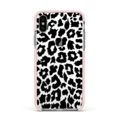 Black & White Leopard Print IPhone Case -Wrap & Case Store Black White Leopard Print Apple iPhone Xs Impact Case Pink Edge on Silver Phone