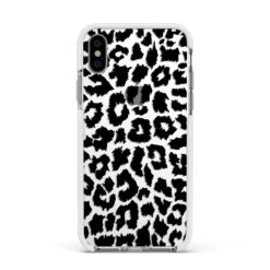 Black & White Leopard Print IPhone Case -Wrap & Case Store Black White Leopard Print Apple iPhone Xs Impact Case White Edge on Silver Phone