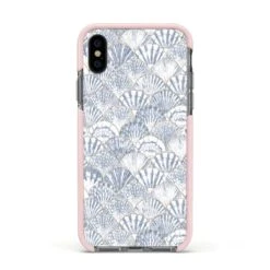 Blue Seashell Pattern IPhone Case -Wrap & Case Store Blue Seashell Pattern Apple iPhone Xs Impact Case Pink Edge on Black Phone