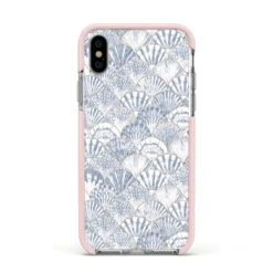 Blue Seashell Pattern IPhone Case -Wrap & Case Store Blue Seashell Pattern Apple iPhone Xs Impact Case Pink Edge on Silver Phone