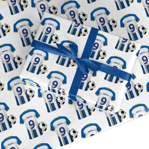 Blue White Yellow Personalised Football Shirt Wrapping Paper
