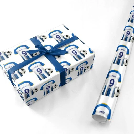 Blue White Yellow Personalised Football Shirt Wrapping Paper - Image 3