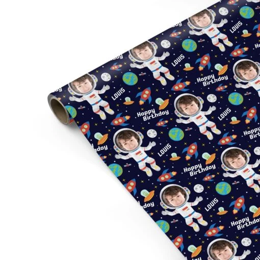 Boys Photo Face Astronaut Wrapping Paper - Image 2