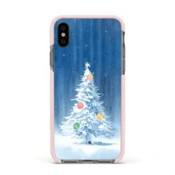 Christmas Tree IPhone Case -Wrap & Case Store Christmas Tree Apple iPhone Xs Impact Case Pink Edge on Black Phone