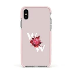 Custom Dual Initial Floral IPhone Case -Wrap & Case Store Custom Dual Initial Floral Apple iPhone Xs Impact Case Pink Edge on Silver Phone