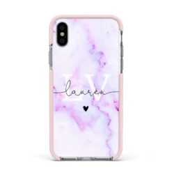 Customisable Name Initial Marble IPhone Case -Wrap & Case Store Customisable Name Initial Marble Apple iPhone Xs Impact Case Pink Edge on Silver Phone