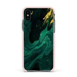 Emerald Green IPhone Case -Wrap & Case Store Emerald Green Apple iPhone Xs Impact Case Pink Edge on Black Phone