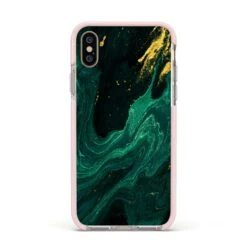Emerald Green IPhone Case -Wrap & Case Store Emerald Green Apple iPhone Xs Impact Case Pink Edge on Gold Phone