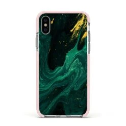 Emerald Green IPhone Case -Wrap & Case Store Emerald Green Apple iPhone Xs Impact Case Pink Edge on Silver Phone