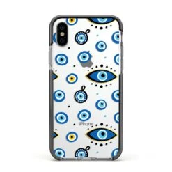 Evil Eye Protection Pattern IPhone Case -Wrap & Case Store Evil Eye Protection Pattern Apple iPhone Xs Impact Case Black Edge on Silver Phone
