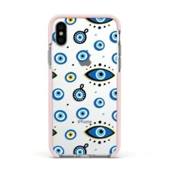 Evil Eye Protection Pattern IPhone Case -Wrap & Case Store Evil Eye Protection Pattern Apple iPhone Xs Impact Case Pink Edge on Silver Phone