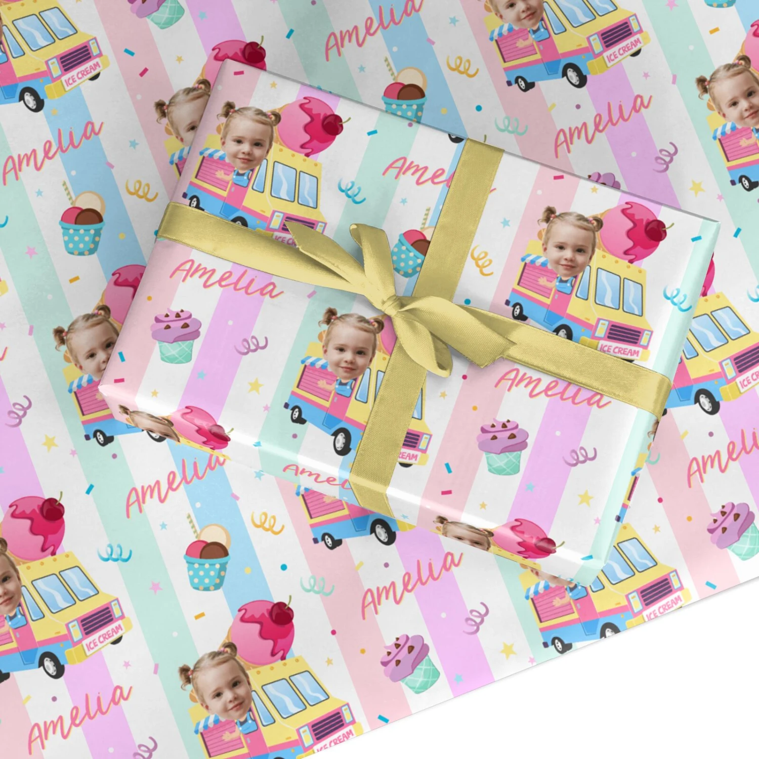 Girls Personalised Ice Cream Cart Wrapping Paper