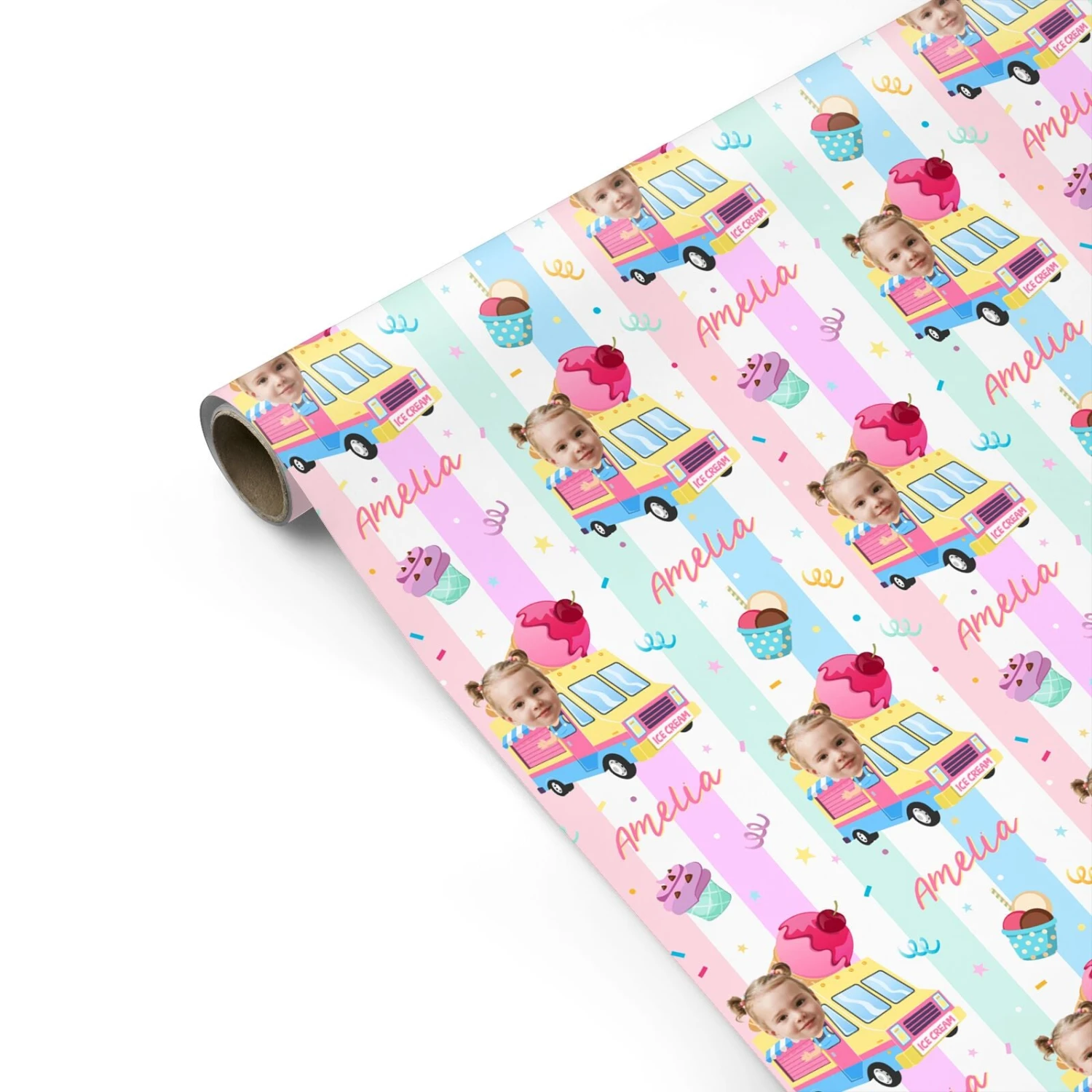 Girls Personalised Ice Cream Cart Wrapping Paper - Image 2