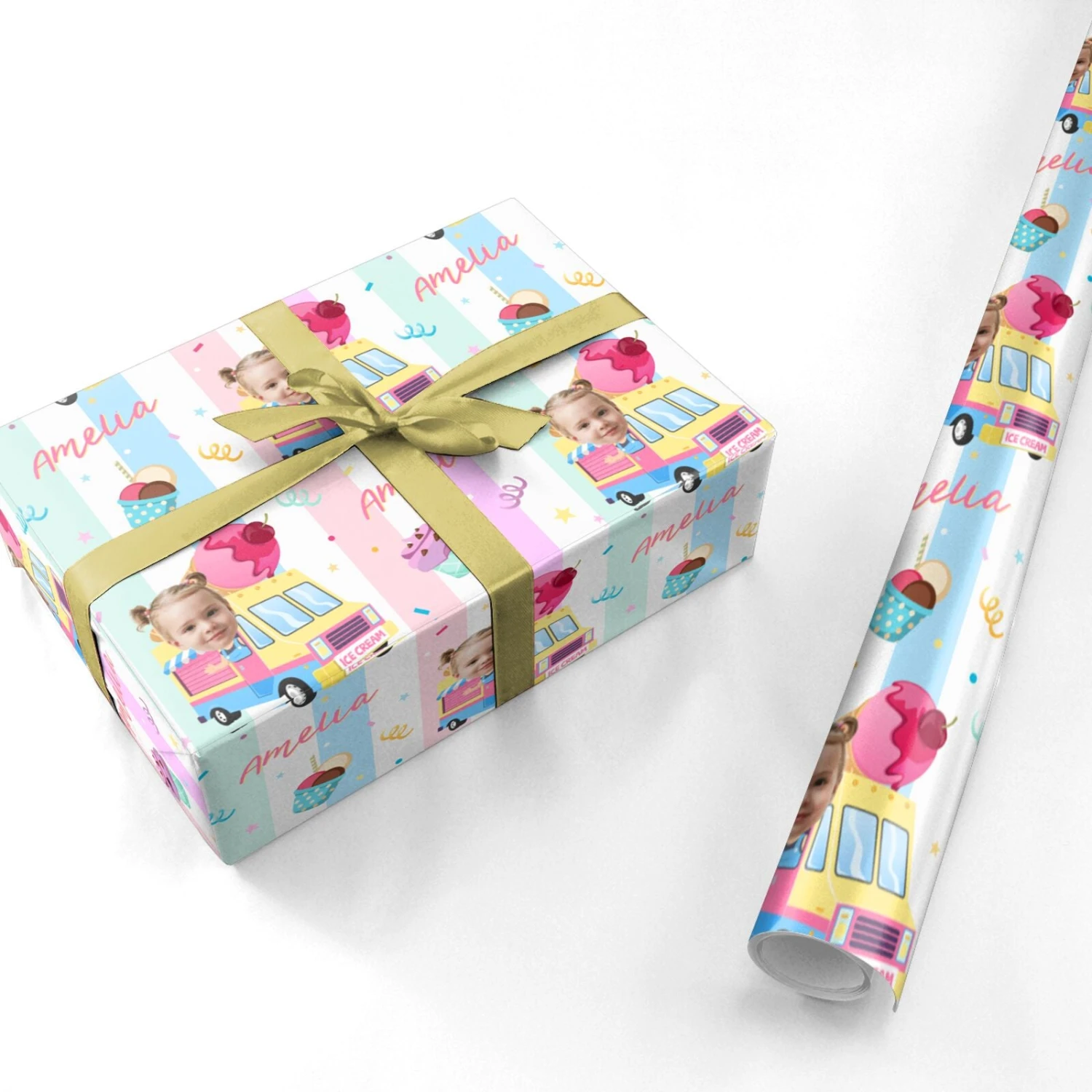 Girls Personalised Ice Cream Cart Wrapping Paper - Image 3