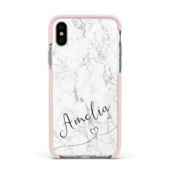 Marble With Custom Name IPhone Case -Wrap & Case Store Marble with Custom Name Apple iPhone Xs Impact Case Pink Edge on Silver Phone