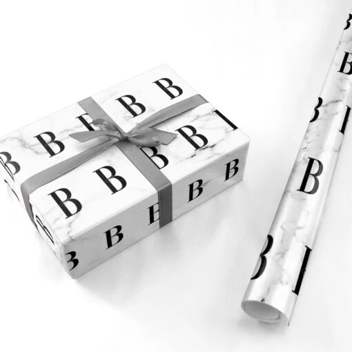Monogrammed White Marble Wrapping Paper - Image 3