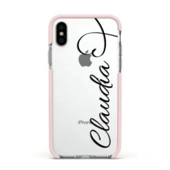 Personalised Heart Name IPhone Case -Wrap & Case Store Personalised Heart Name Apple iPhone Xs Impact Case Pink Edge on Silver Phone