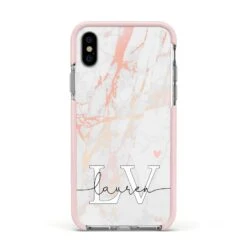 Personalised Initial Pink Marble IPhone Case -Wrap & Case Store Personalised Initial Pink Marble Apple iPhone Xs Impact Case Pink Edge on Silver Phone