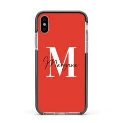 Personalised Red Name And Initial IPhone Case -Wrap & Case Store Personalised Red Name and Initial Apple iPhone Xs Impact Case Black Edge on Silver Phone
