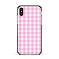 Pink Gingham Check IPhone Case -Wrap & Case Store Pink Gingham Check Apple iPhone Xs Impact Case Black Edge on Gold Phone