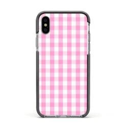 Pink Gingham Check IPhone Case -Wrap & Case Store Pink Gingham Check Apple iPhone Xs Impact Case Black Edge on Silver Phone