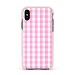Pink Gingham Check IPhone Case -Wrap & Case Store Pink Gingham Check Apple iPhone Xs Impact Case Pink Edge on Black Phone