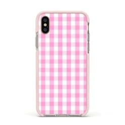 Pink Gingham Check IPhone Case -Wrap & Case Store Pink Gingham Check Apple iPhone Xs Impact Case Pink Edge on Gold Phone