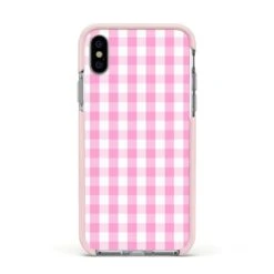 Pink Gingham Check IPhone Case -Wrap & Case Store Pink Gingham Check Apple iPhone Xs Impact Case Pink Edge on Silver Phone