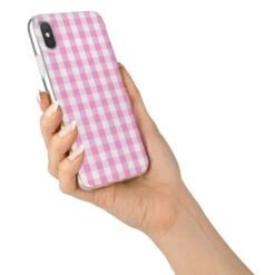 Pink Gingham Check IPhone Case -Wrap & Case Store Pink Gingham Check iPhone X Bumper Case on Silver iPhone Alternative Image 2