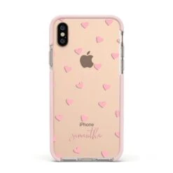 Pink Hearts With Custom Name IPhone Case -Wrap & Case Store Pink Hearts with Custom Name Apple iPhone Xs Impact Case Pink Edge on Gold Phone