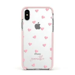 Pink Hearts With Custom Name IPhone Case -Wrap & Case Store Pink Hearts with Custom Name Apple iPhone Xs Impact Case Pink Edge on Silver Phone