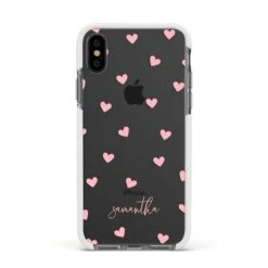 Pink Hearts With Custom Name IPhone Case -Wrap & Case Store Pink Hearts with Custom Name Apple iPhone Xs Impact Case White Edge on Black Phone