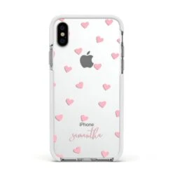 Pink Hearts With Custom Name IPhone Case -Wrap & Case Store Pink Hearts with Custom Name Apple iPhone Xs Impact Case White Edge on Silver Phone