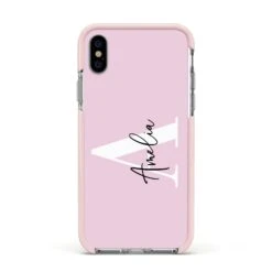 Pink Personalised Initial Name IPhone Case -Wrap & Case Store Pink Personalised Initial Name Apple iPhone Xs Impact Case Pink Edge on Silver Phone