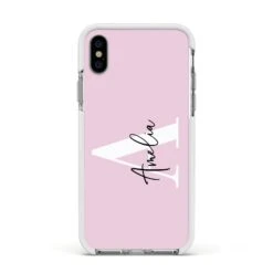Pink Personalised Initial Name IPhone Case -Wrap & Case Store Pink Personalised Initial Name Apple iPhone Xs Impact Case White Edge on Silver Phone
