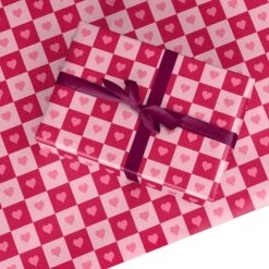 Pink And Red Checker Heart Wrapping Paper