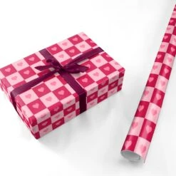 Pink And Red Checker Heart Wrapping Paper -Wrap & Case Store Pink and Red Checker Heart Personalised Wrapping Paper