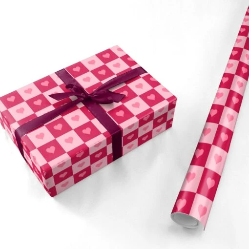 Pink And Red Checker Heart Wrapping Paper - Image 3