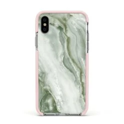 Pistachio Green Marble IPhone Case -Wrap & Case Store Pistachio Green Marble Apple iPhone Xs Impact Case Pink Edge on Silver Phone