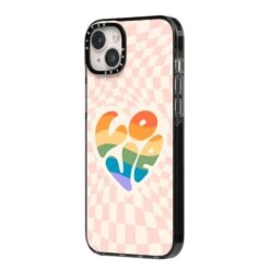 Pride IPhone Case -Wrap & Case Store Pride iPhone 14 Plus Black Impact Case Side Angle on Silver phone