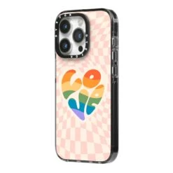 Pride IPhone Case -Wrap & Case Store Pride iPhone 14 Pro Black Impact Case Side Angle on Silver phone