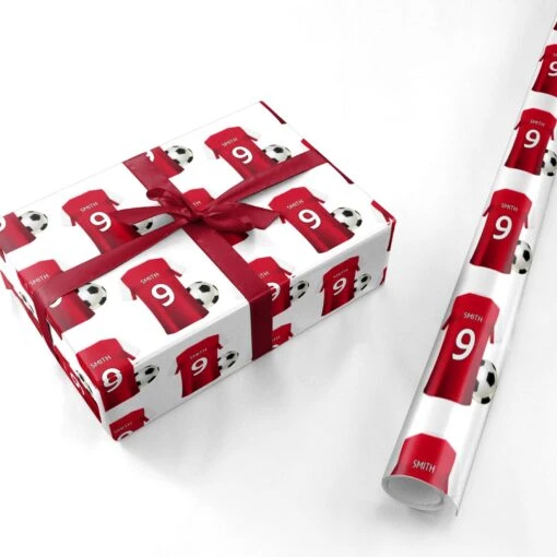 Red White Personalised Football Shirt Wrapping Paper - Image 3