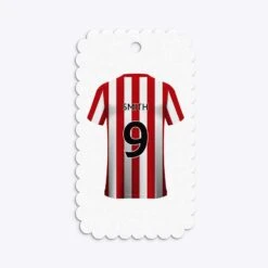 Red White Striped Personalised Football Shirt Gift Tags -Wrap & Case Store Red White Striped Personalised Football Shirt Small Scalloped Gift Tag
