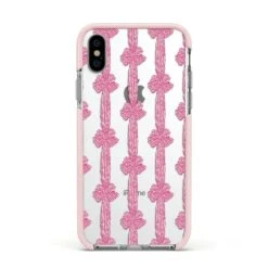 Striped Bow Pattern IPhone Case -Wrap & Case Store Striped Bow Pattern Apple iPhone Xs Impact Case Pink Edge on Silver Phone