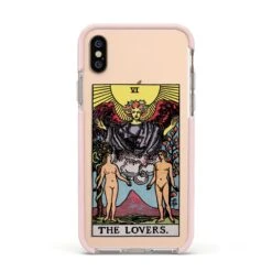 The Lovers Tarot Card IPhone Case -Wrap & Case Store The Lovers Tarot Card Apple iPhone Xs Impact Case Pink Edge on Gold Phone