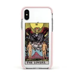 The Lovers Tarot Card IPhone Case -Wrap & Case Store The Lovers Tarot Card Apple iPhone Xs Impact Case Pink Edge on Silver Phone