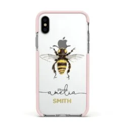 Watercolour Bee Personalised Name IPhone Case -Wrap & Case Store Watercolour Bee Personalised Name Apple iPhone Xs Impact Case Pink Edge on Silver Phone