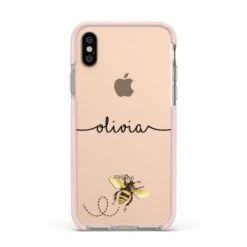 Watercolour Bee With Name IPhone Case -Wrap & Case Store Watercolour Bee with Name Apple iPhone Xs Impact Case Pink Edge on Gold Phone